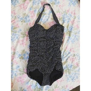 Black & White Ruched Polka Dot One Piece Size L